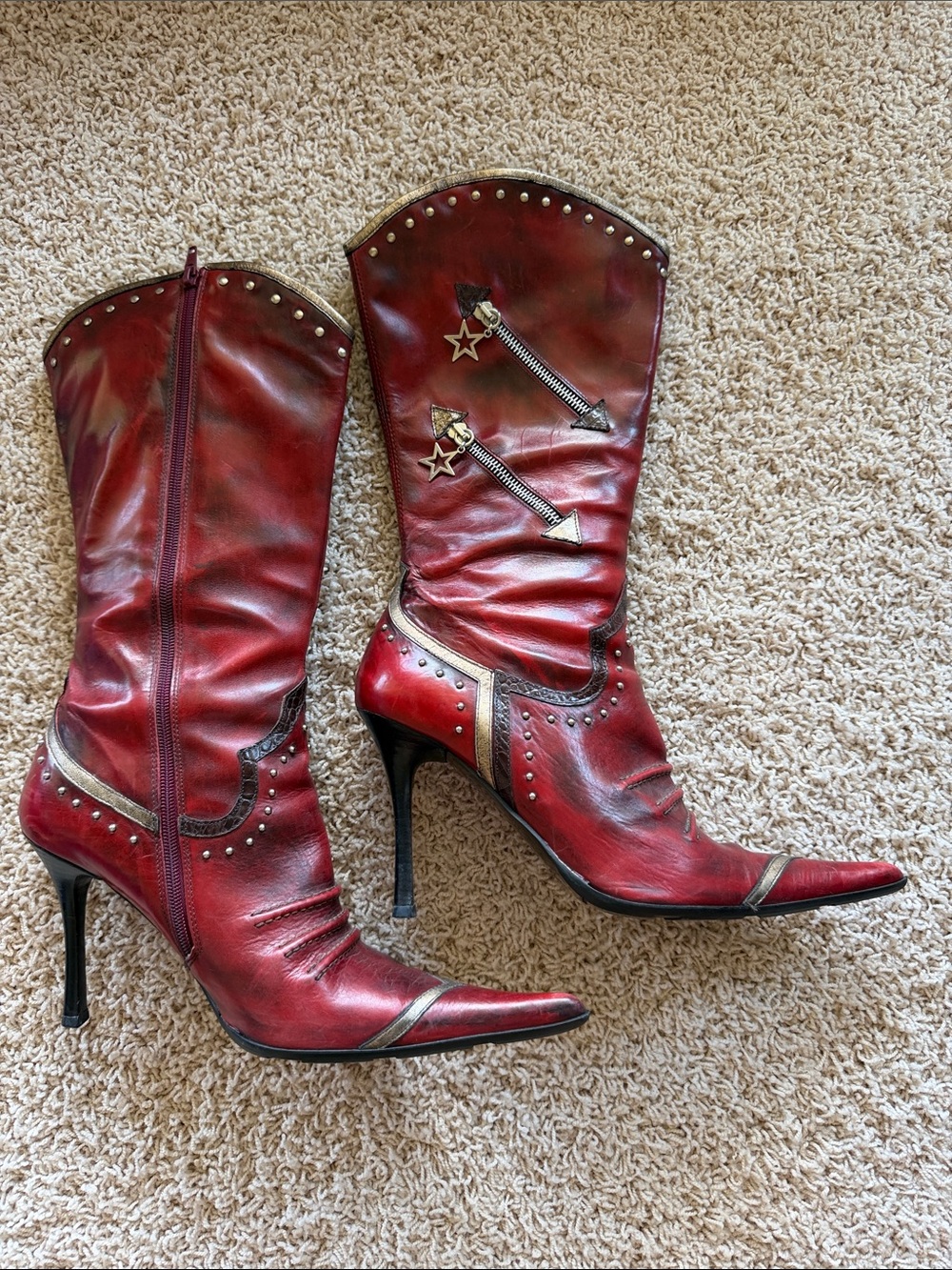 Aldo Red Pointed-Toe Mid-Calf Star Zip Studded Heeled Boots